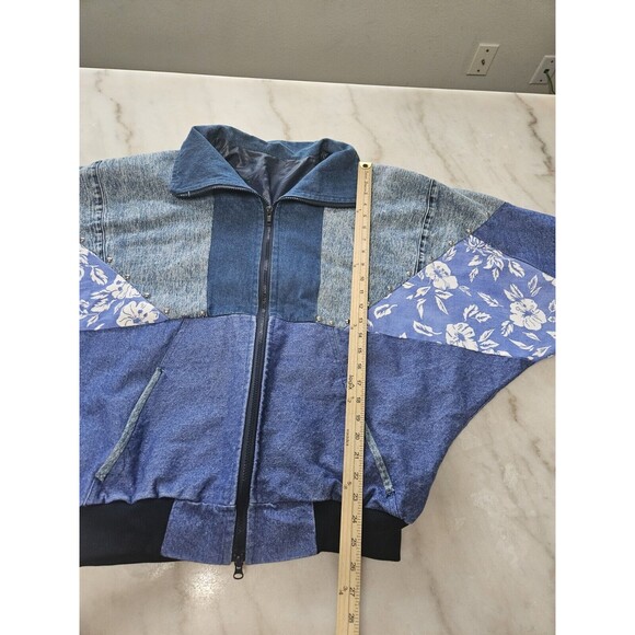 Retro Denim Bomber Jacket With Floral Accents, Size XL VINTAGE - Picture 9 of 14